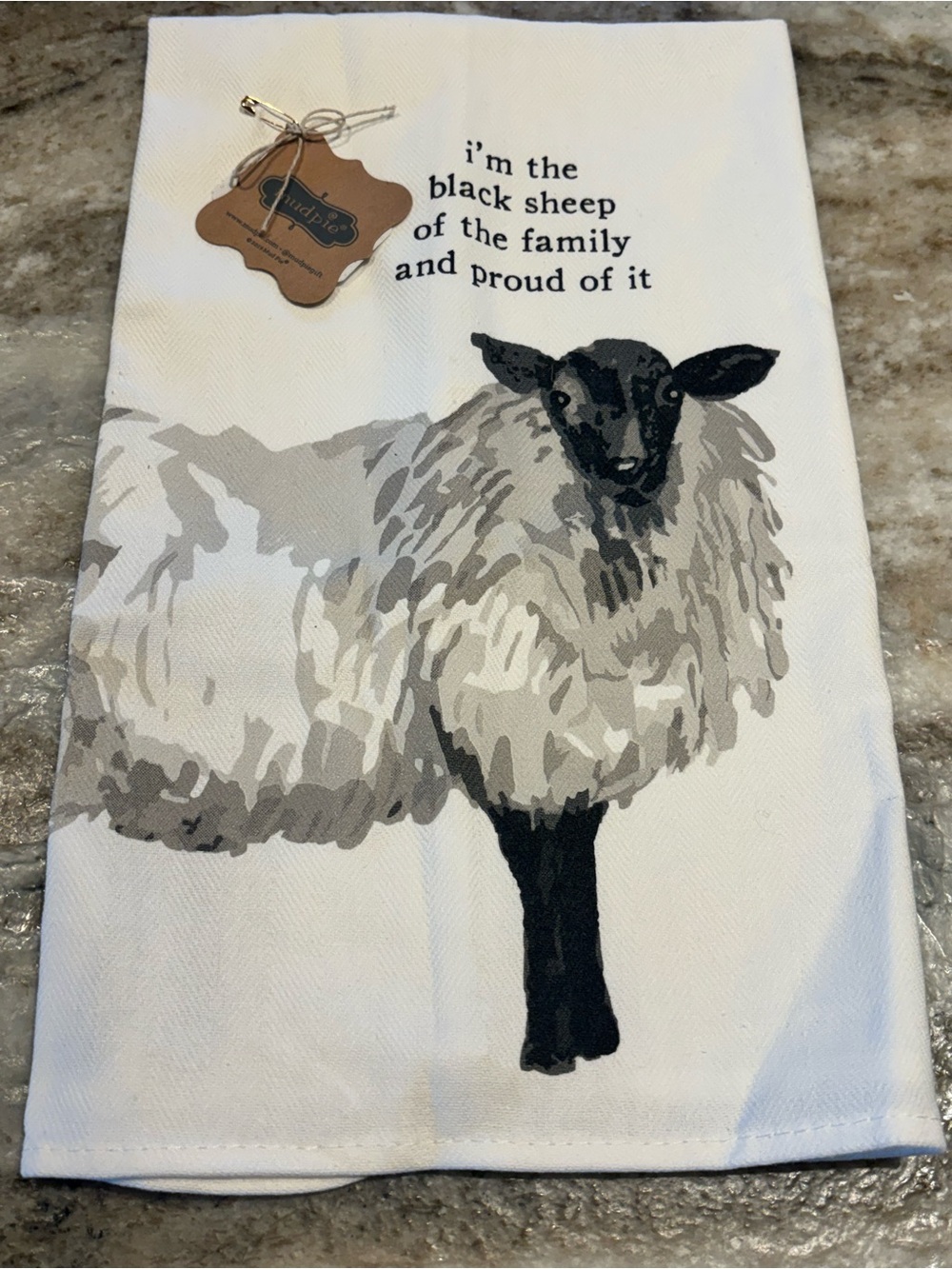 Mud Pie White Cotton Tea Towel with Black Sheep Graphic
